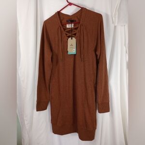 Prana Cozy Up Terry Dress Lace-Up Small Roux Heather